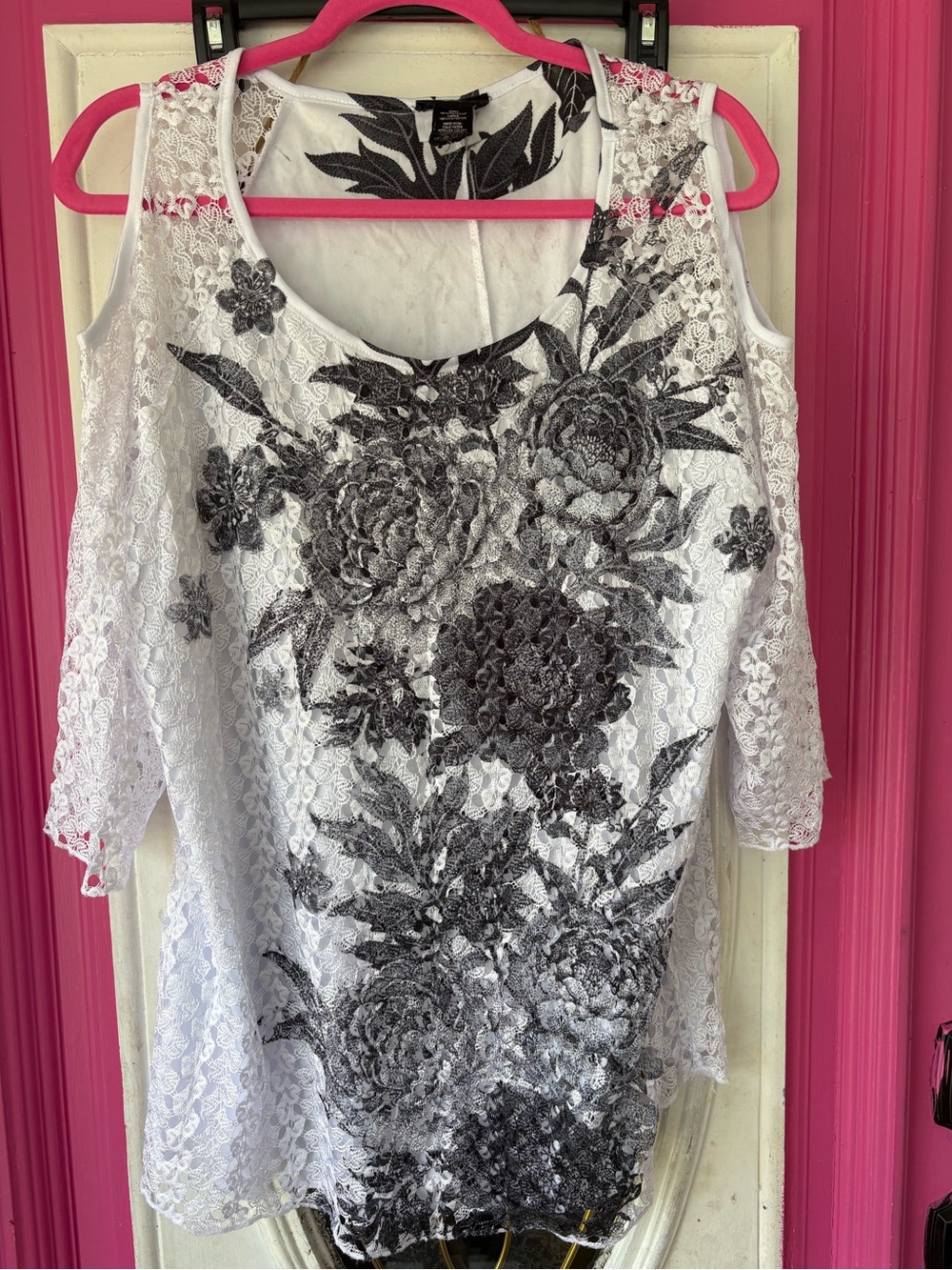 Brittany Black White Lace Cold-Shoulder Top with Black Floral Print
